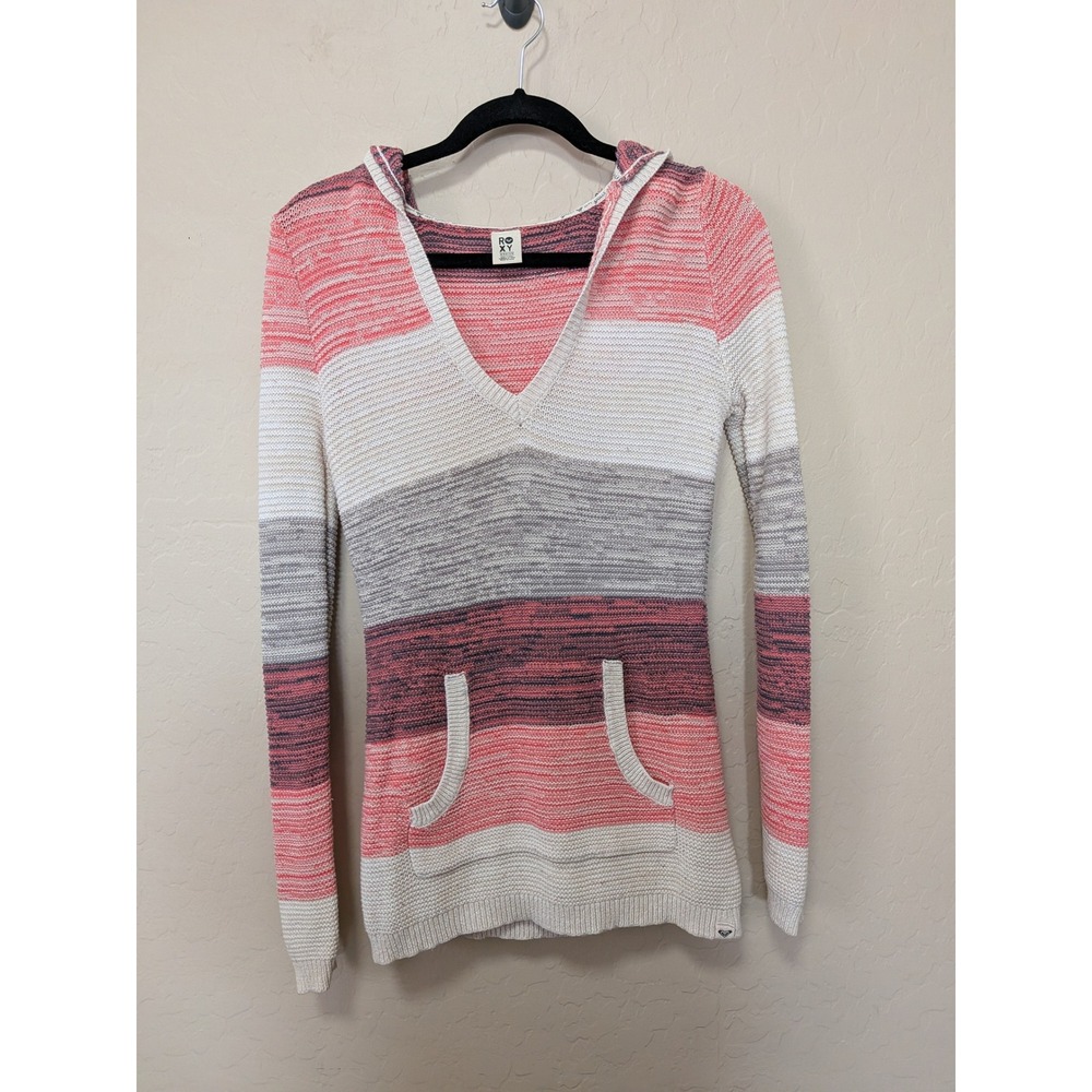 Roxy Womens Pink Cream Striped Knit Hooded Sweater Medium Boho Surf Beach